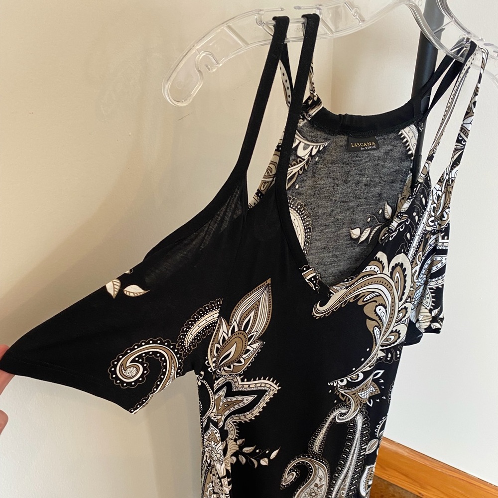 LASCANA for Venus Cold-shoulder Mini Dress Black Paisley XS - Picture 3 of 10